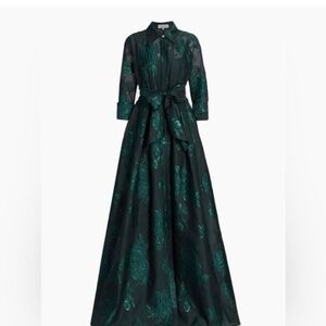 teri jon  jacquard shirtdress gown with floral print in emerald